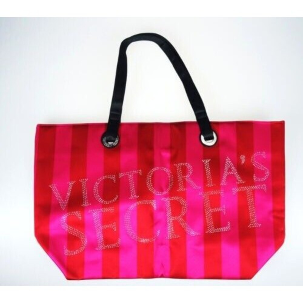 Victoria's Secret Pink Red Satin Striped Rhinestone Bling Tote Weekender Bag L
